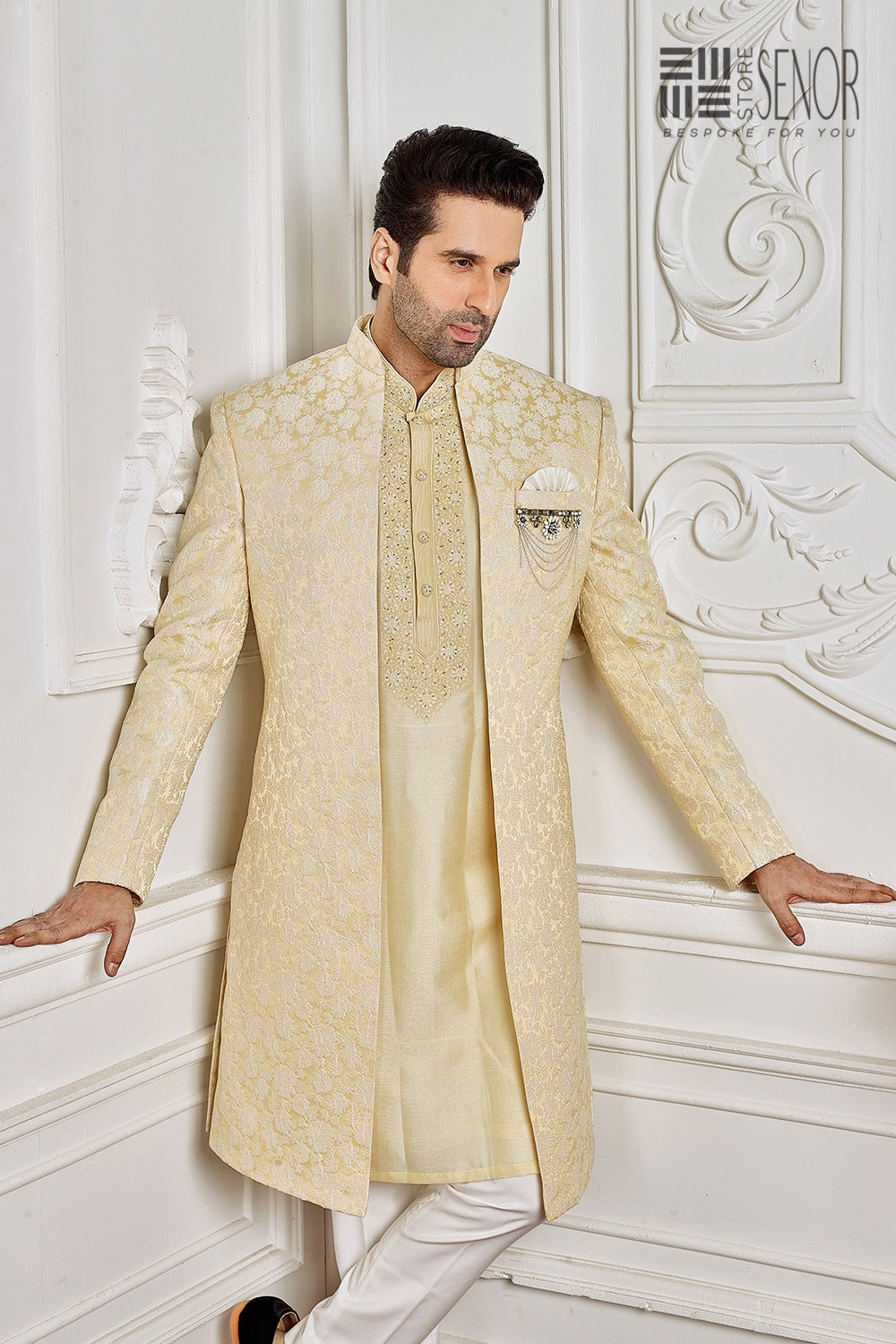 Lime Yellow Thread Embroidered Indo-Western Set
