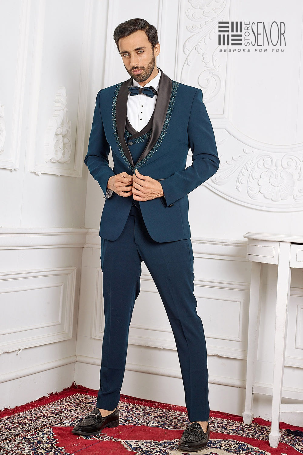 Teal Blue Embroidered Lapel Tuxedo