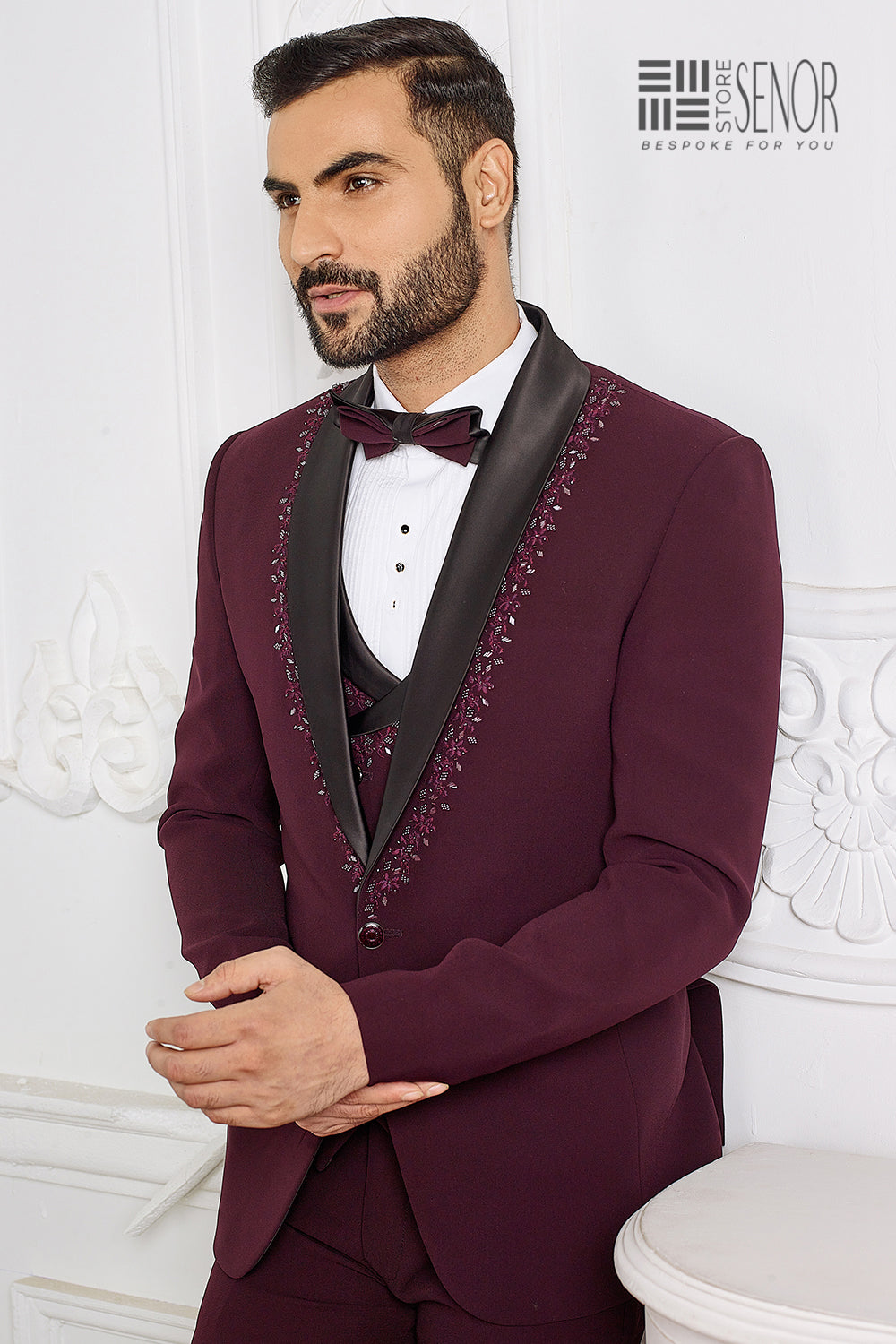 Maroon Embroidered Lapel Tuxedo